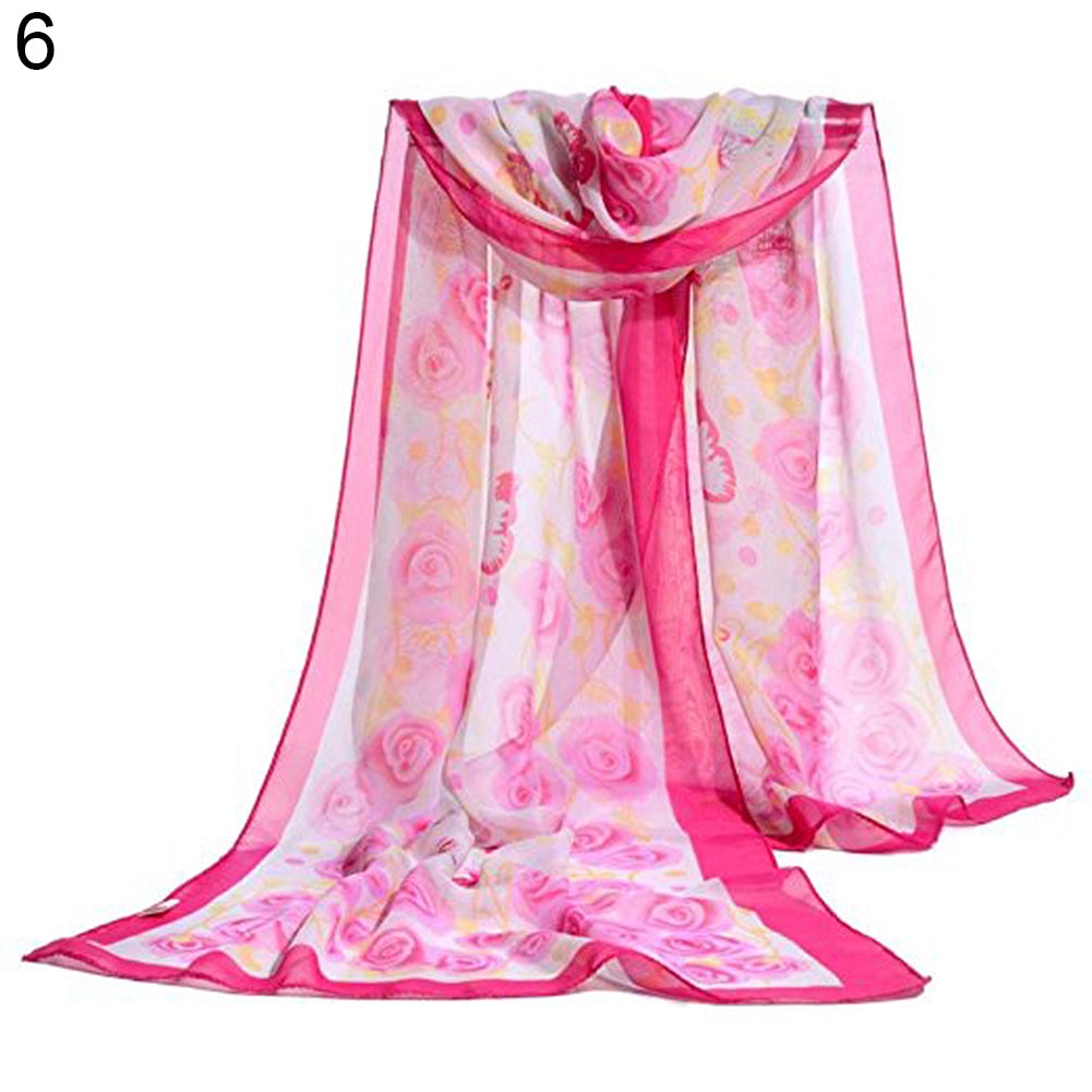 Fashion Women Butterfly Flower Long Chiffon Georgette Soft Wrap Shawl Scarf