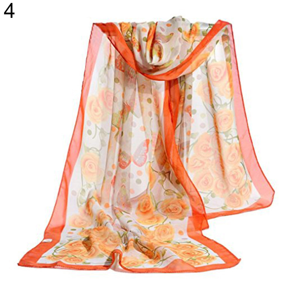 Fashion Women Butterfly Flower Long Chiffon Georgette Soft Wrap Shawl Scarf