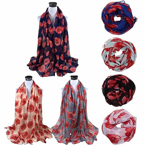 Women Fashion Red Poppy Flower Printed Voile Long Scarf Beach Wrap Stole Shawl