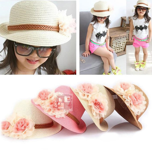 Fashion Spring Summer Flower Wide Brim Cocktail Party Travel Kid Girl Hat Cap