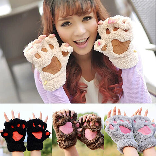 Women's Bear Paw Fluffy Plush Glove Winter Half Covered Soft Toweling Mittens