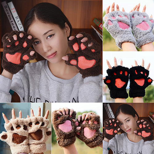 Women's Bear Paw Fluffy Plush Glove Winter Half Covered Soft Toweling Mittens