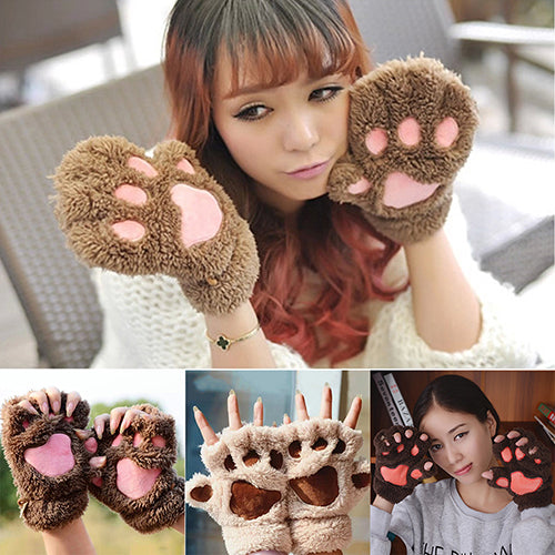 Women's Bear Paw Fluffy Plush Glove Winter Half Covered Soft Toweling Mittens