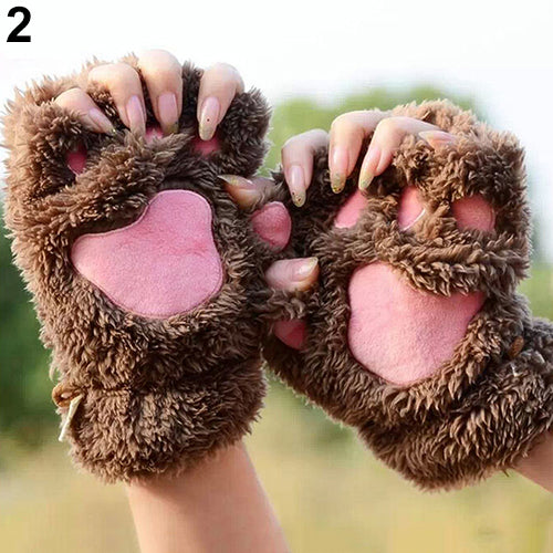 Women's Bear Paw Fluffy Plush Glove Winter Half Covered Soft Toweling Mittens