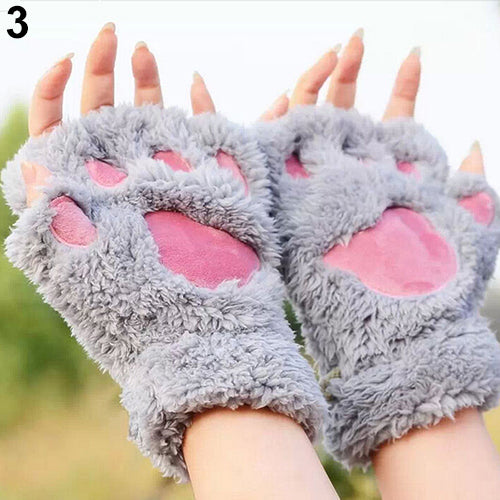 Women's Bear Paw Fluffy Plush Glove Winter Half Covered Soft Toweling Mittens