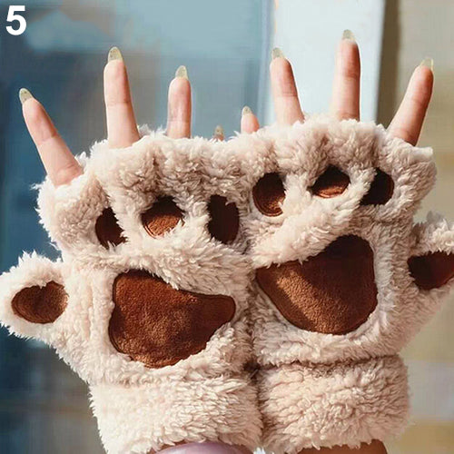 Women's Bear Paw Fluffy Plush Glove Winter Half Covered Soft Toweling Mittens