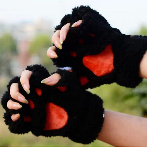 Women's Bear Paw Fluffy Plush Glove Winter Half Covered Soft Toweling Mittens