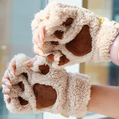 Women's Bear Paw Fluffy Plush Glove Winter Half Covered Soft Toweling Mittens