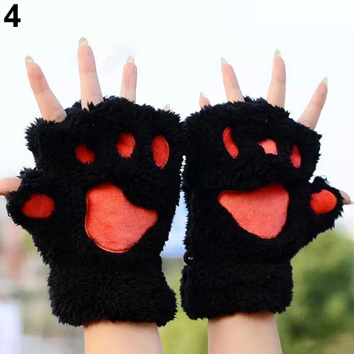 Women's Bear Paw Fluffy Plush Glove Winter Half Covered Soft Toweling Mittens