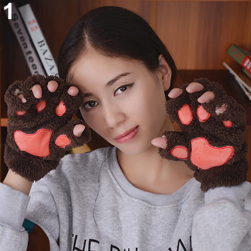 Women's Bear Paw Fluffy Plush Glove Winter Half Covered Soft Toweling Mittens