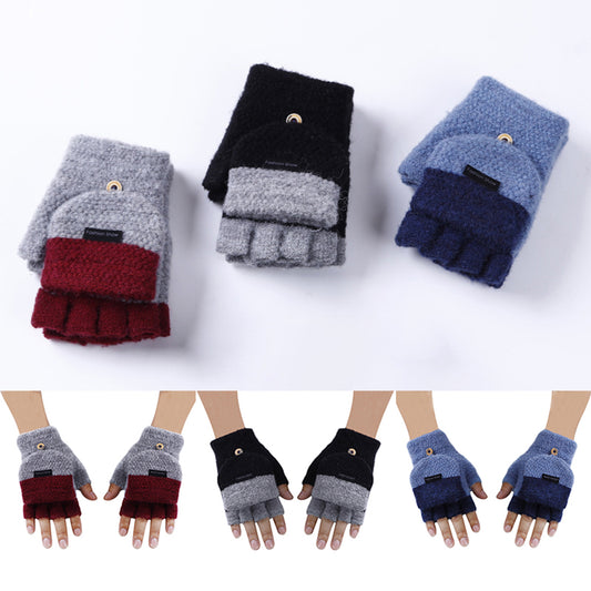 Fashion Knitted Gloves Winter Soft Warm Patchwork Flip Half Finger Man Mittens