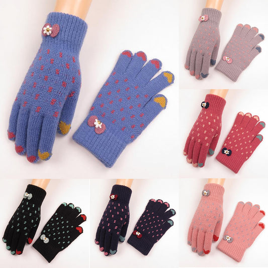 Winter Women Fashion Knitted Yarn Thicken Heart Bowknot Full Finger Gloves Mittens