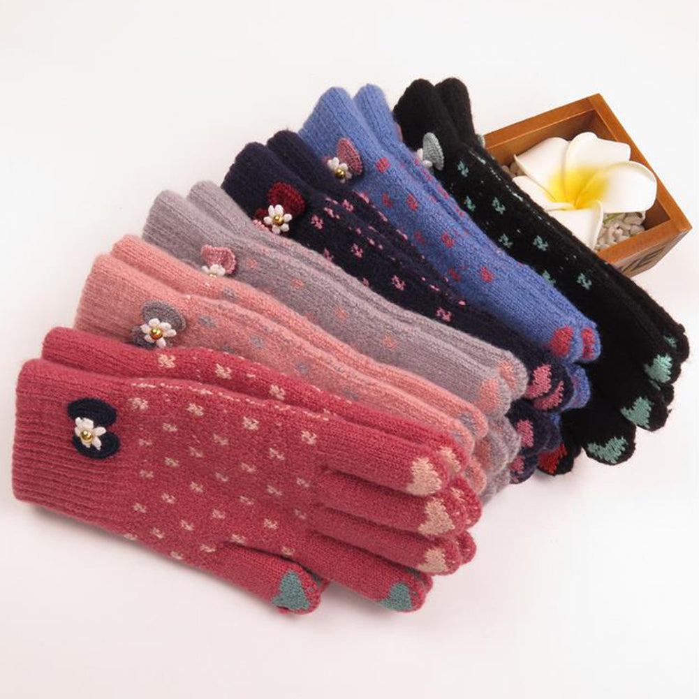 Winter Women Fashion Knitted Yarn Thicken Heart Bowknot Full Finger Gloves Mittens