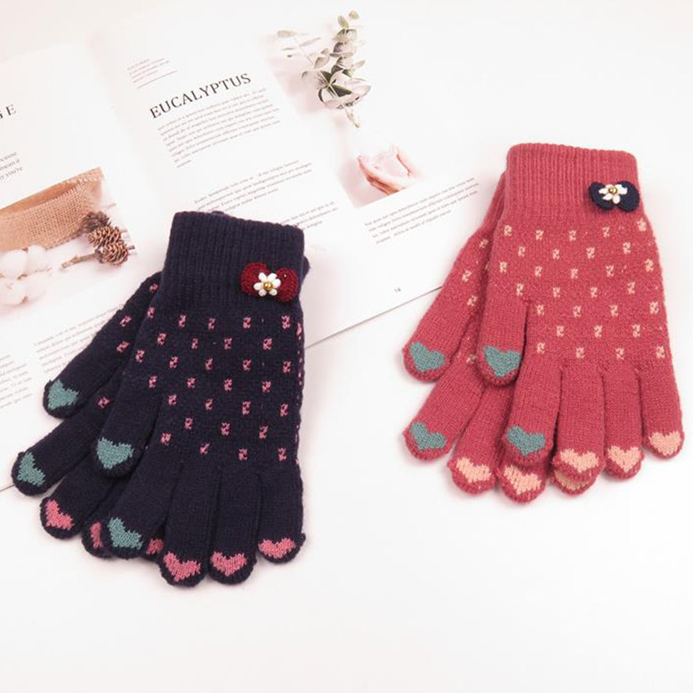 Winter Women Fashion Knitted Yarn Thicken Heart Bowknot Full Finger Gloves Mittens