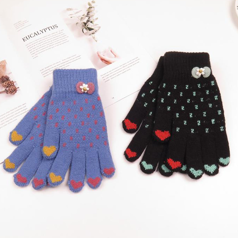 Winter Women Fashion Knitted Yarn Thicken Heart Bowknot Full Finger Gloves Mittens