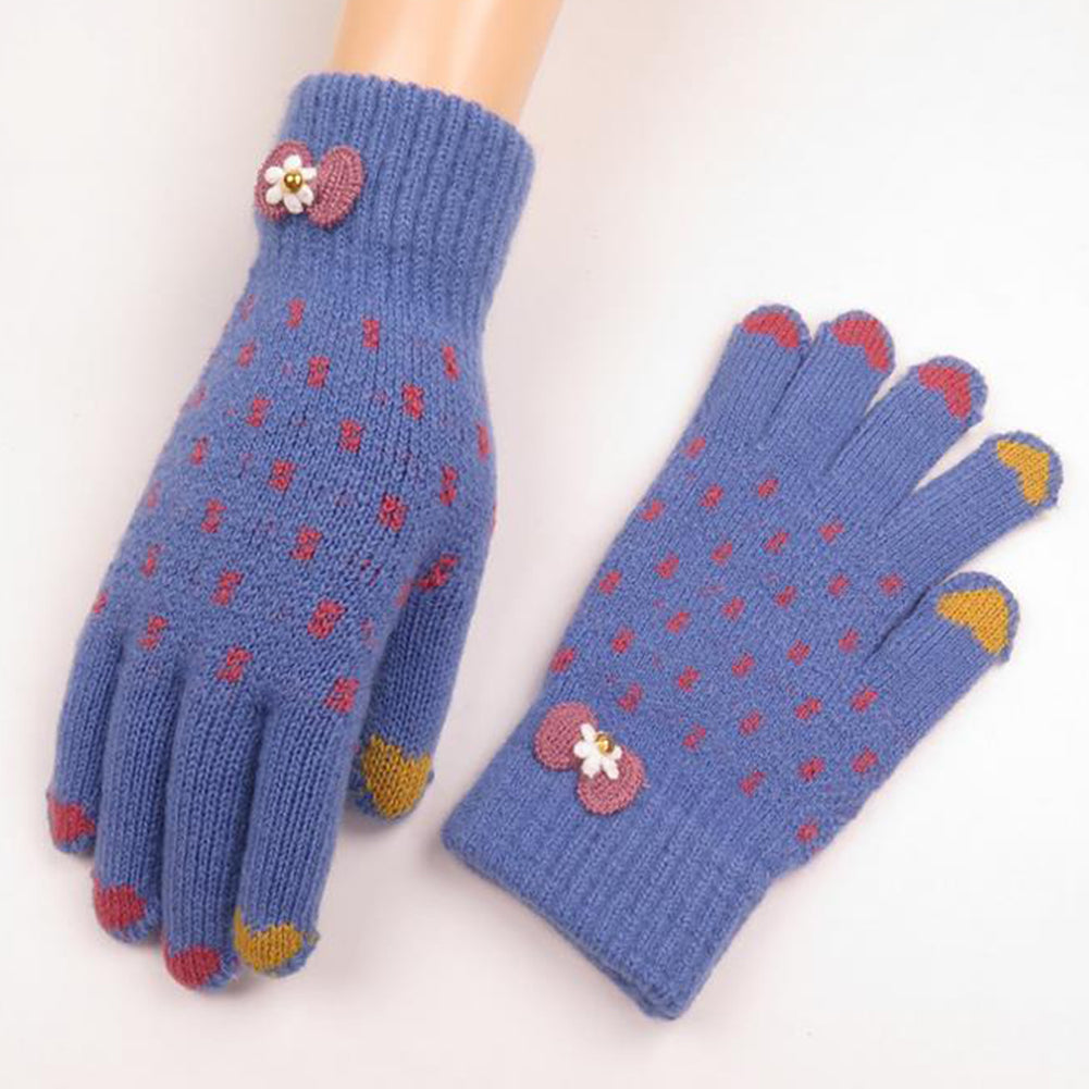 Winter Women Fashion Knitted Yarn Thicken Heart Bowknot Full Finger Gloves Mittens