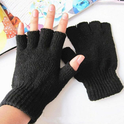 1 Pair Men Women Fingerless Winter Warmer Mittens Black Stretch Knitted Gloves