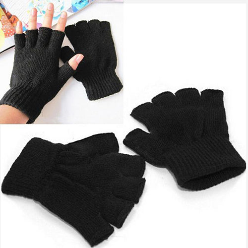 1 Pair Men Women Fingerless Winter Warmer Mittens Black Stretch Knitted Gloves