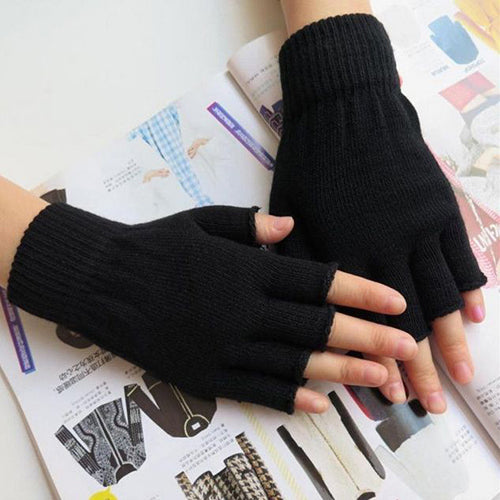 1 Pair Men Women Fingerless Winter Warmer Mittens Black Stretch Knitted Gloves