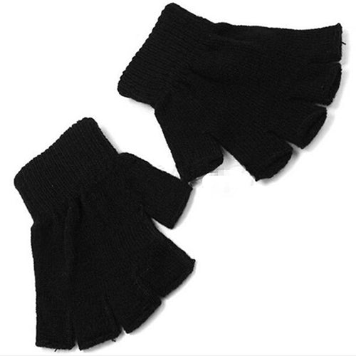 1 Pair Men Women Fingerless Winter Warmer Mittens Black Stretch Knitted Gloves