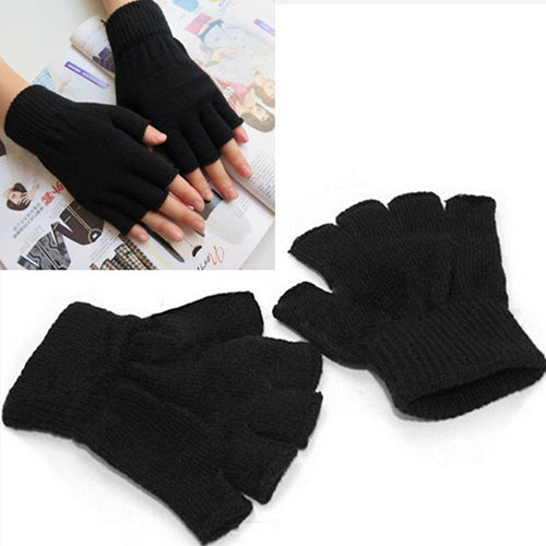 1 Pair Men Women Fingerless Winter Warmer Mittens Black Stretch Knitted Gloves