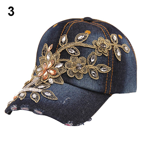 Women's Embossing Flower Denim Baseball Cap Summer Rhinestone Snapback Jeans Hat