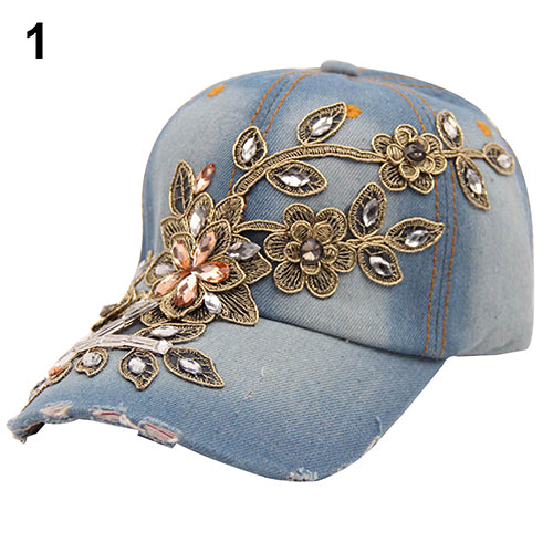 Women's Embossing Flower Denim Baseball Cap Summer Rhinestone Snapback Jeans Hat