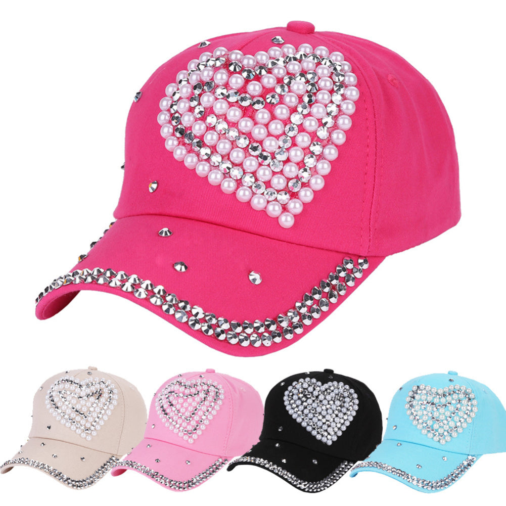 Fashion Heart Rhinestones Baseball Cap Women Cotton Adjustable Snapback Hat