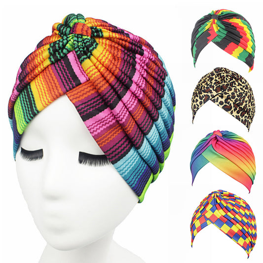 Fashion Rainbow Color Leopard Women Muslim Hijab Turban Head Wrap Hat Beanie Cap