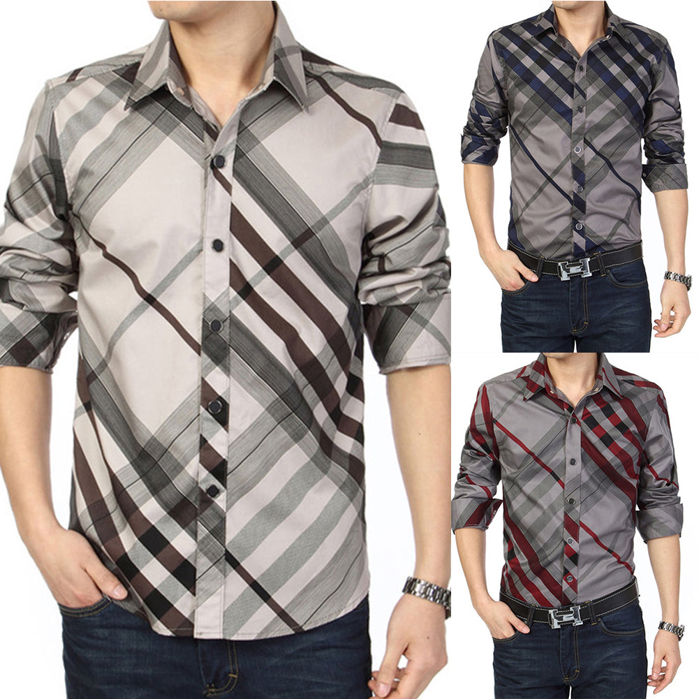 Fashion Men's Casual Shirt Long Sleeve Slim Fit Striped Grid Business Dress Top