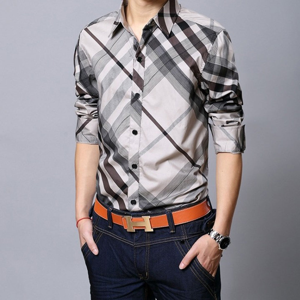 Fashion Men's Casual Shirt Long Sleeve Slim Fit Striped Grid Business Dress Top