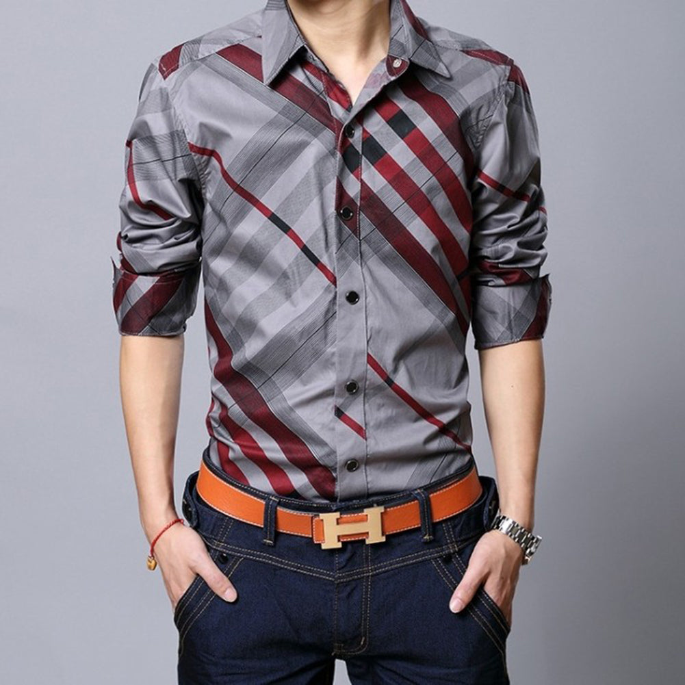 Fashion Men's Casual Shirt Long Sleeve Slim Fit Striped Grid Business Dress Top