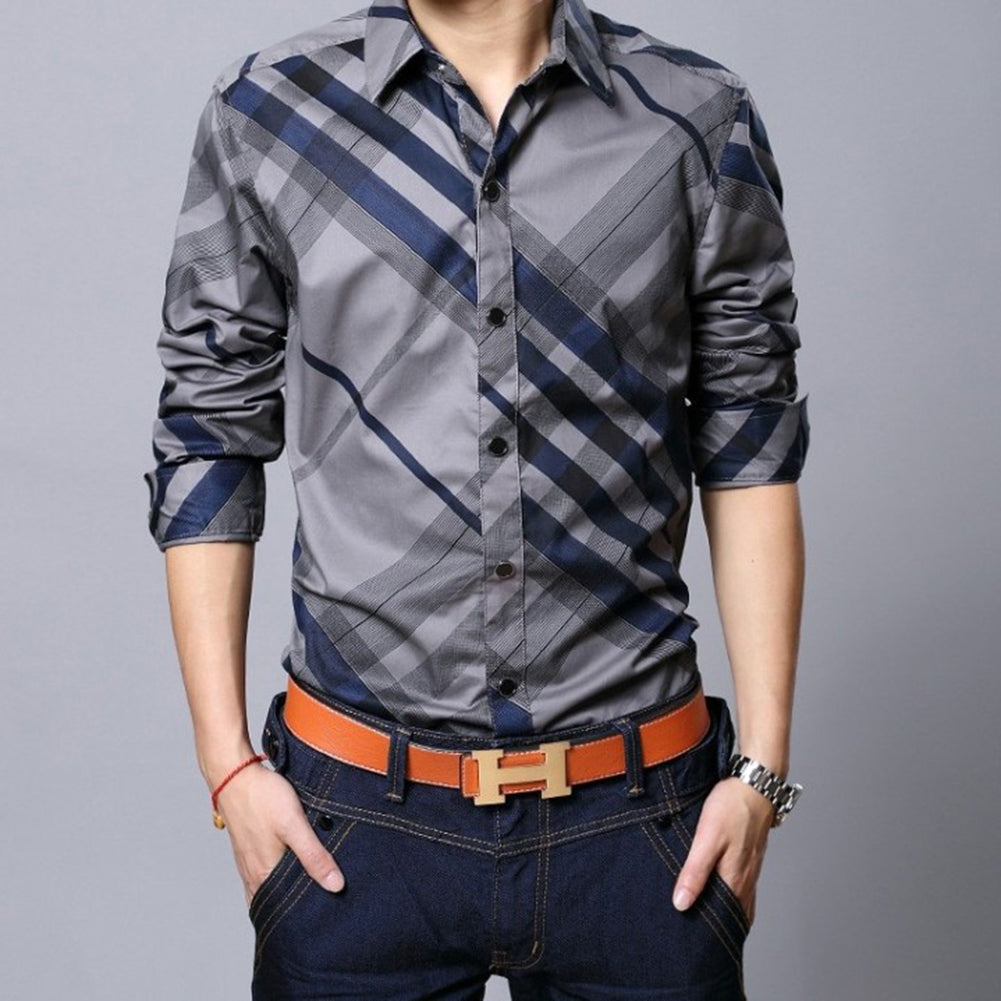 Fashion Men's Casual Shirt Long Sleeve Slim Fit Striped Grid Business Dress Top