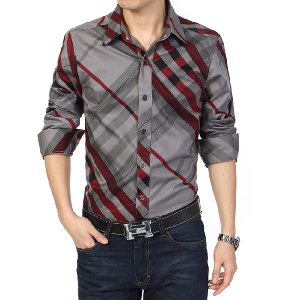 Fashion Men's Casual Shirt Long Sleeve Slim Fit Striped Grid Business Dress Top