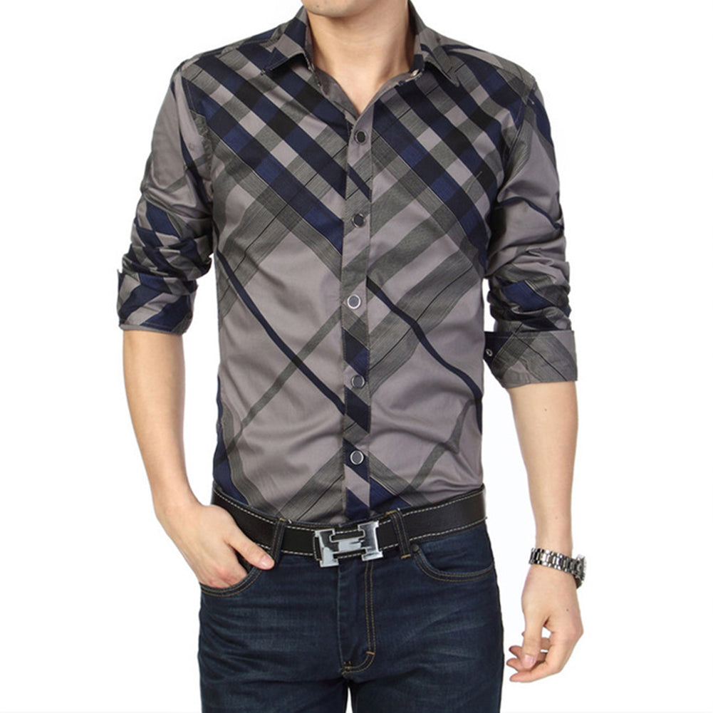 Fashion Men's Casual Shirt Long Sleeve Slim Fit Striped Grid Business Dress Top