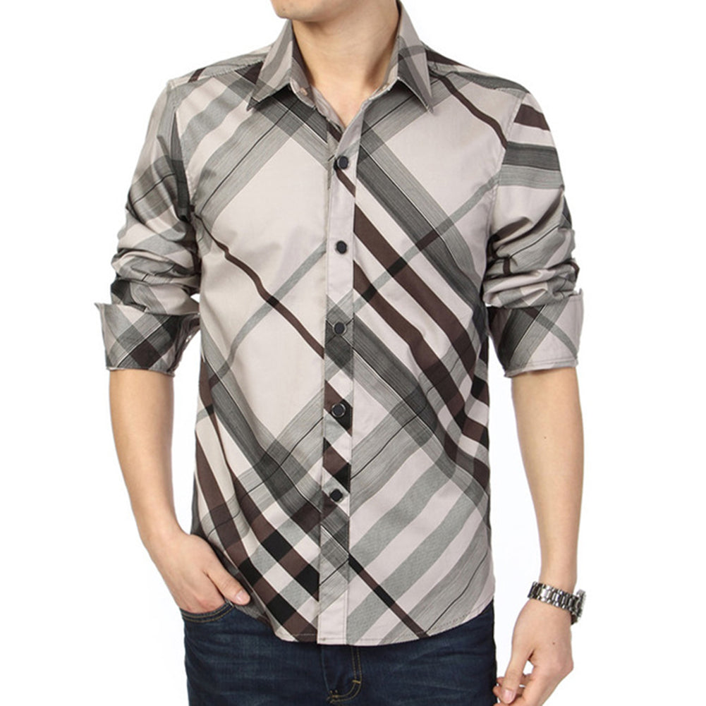 Fashion Men's Casual Shirt Long Sleeve Slim Fit Striped Grid Business Dress Top