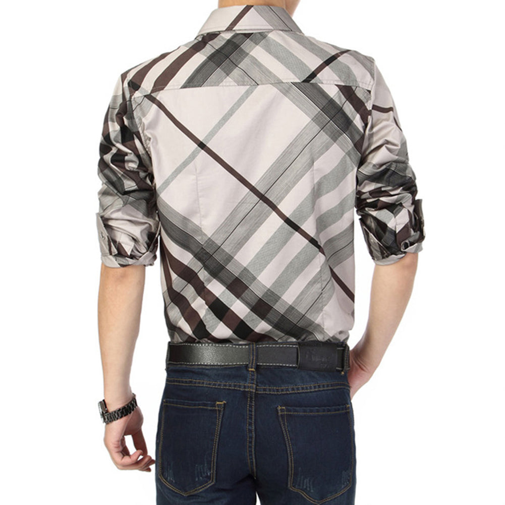 Fashion Men's Casual Shirt Long Sleeve Slim Fit Striped Grid Business Dress Top