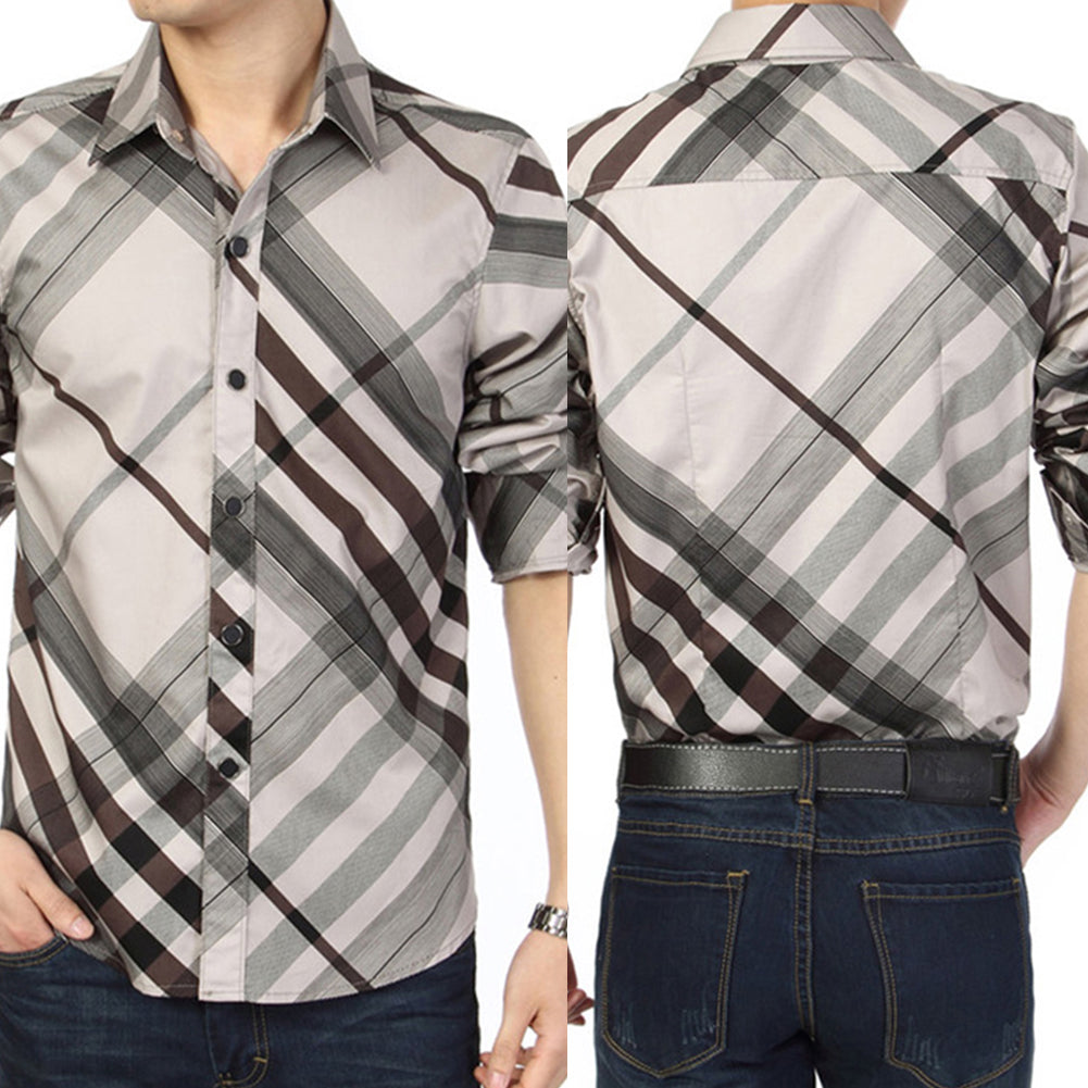 Fashion Men's Casual Shirt Long Sleeve Slim Fit Striped Grid Business Dress Top