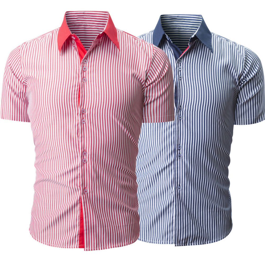 Fashion Striped Turn-down Collar Short Sleeve Shirt Button Down Summer Men Top