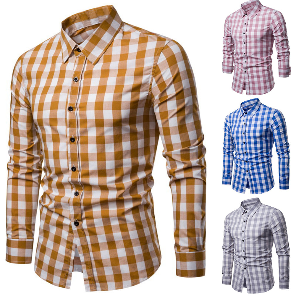 Men's Grid Plaid Print Turn Down Collar Long Sleeve Slim Fit Casual Autumn Shirt