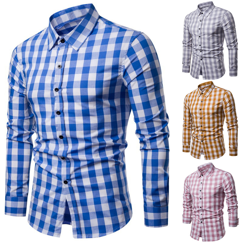 Men's Grid Plaid Print Turn Down Collar Long Sleeve Slim Fit Casual Autumn Shirt