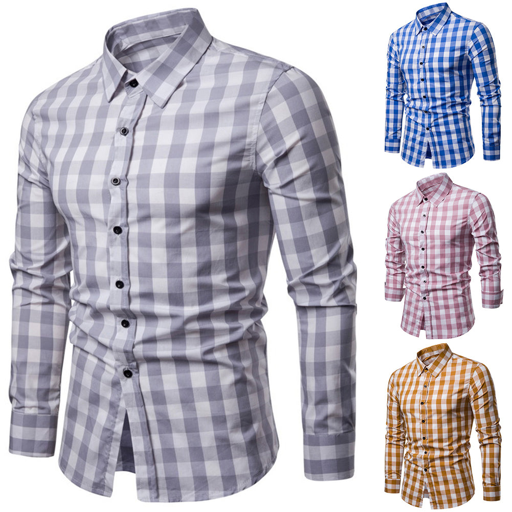 Men's Grid Plaid Print Turn Down Collar Long Sleeve Slim Fit Casual Autumn Shirt
