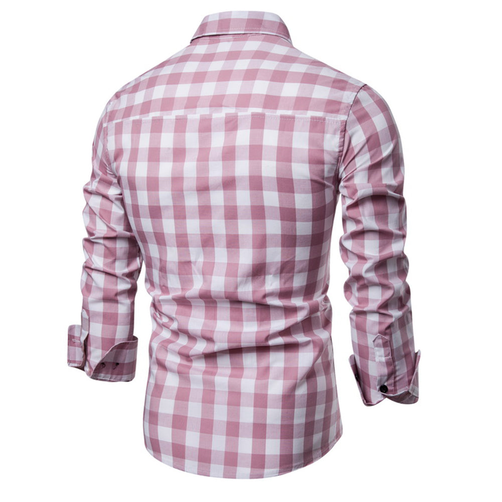 Men's Grid Plaid Print Turn Down Collar Long Sleeve Slim Fit Casual Autumn Shirt