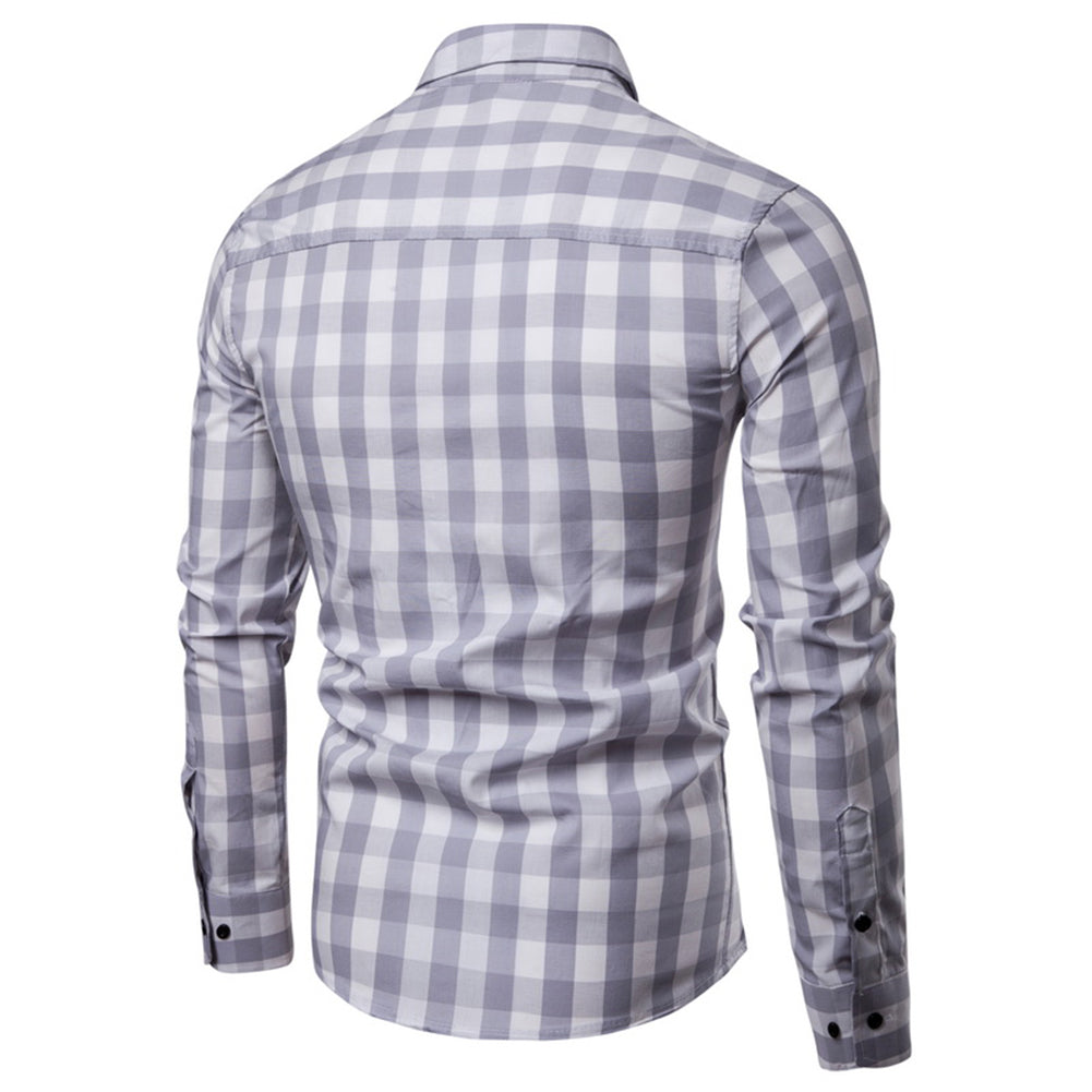 Men's Grid Plaid Print Turn Down Collar Long Sleeve Slim Fit Casual Autumn Shirt