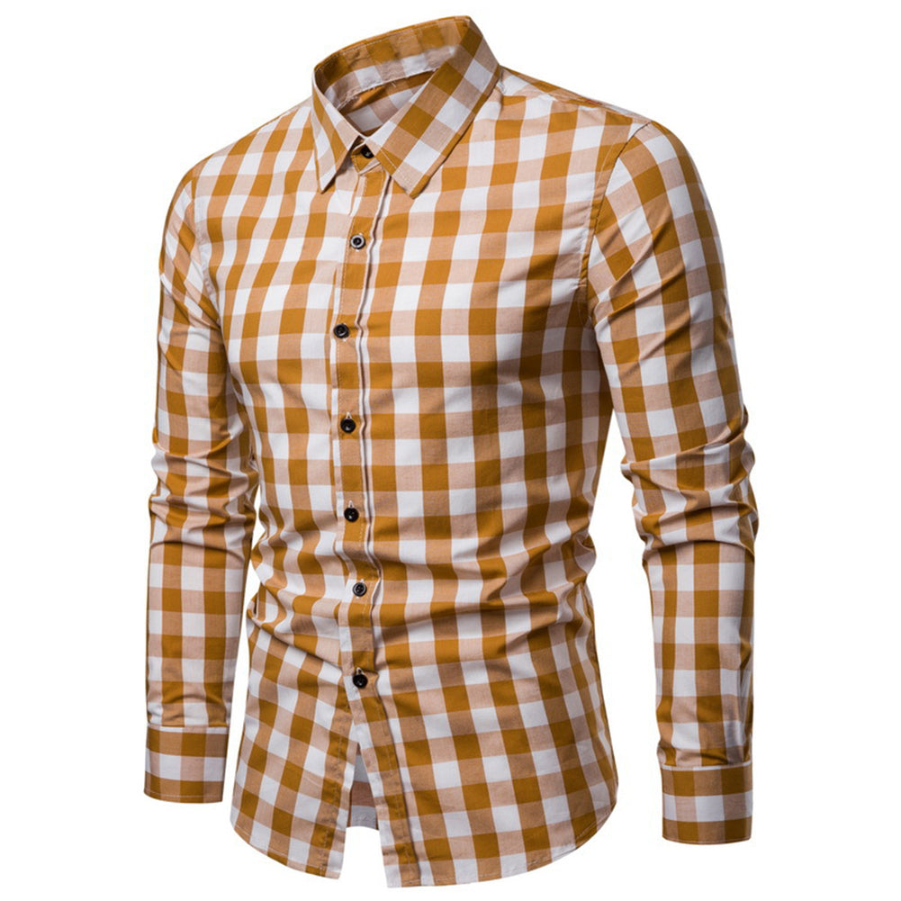 Men's Grid Plaid Print Turn Down Collar Long Sleeve Slim Fit Casual Autumn Shirt