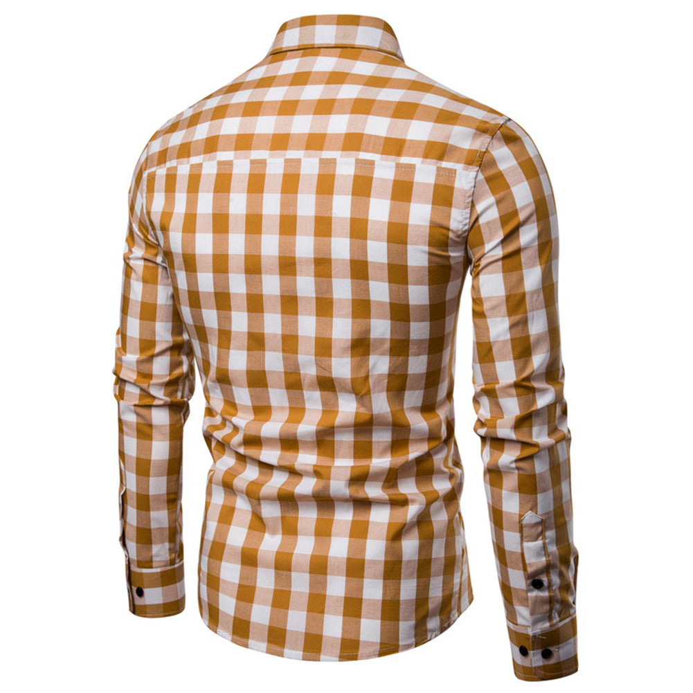 Men's Grid Plaid Print Turn Down Collar Long Sleeve Slim Fit Casual Autumn Shirt