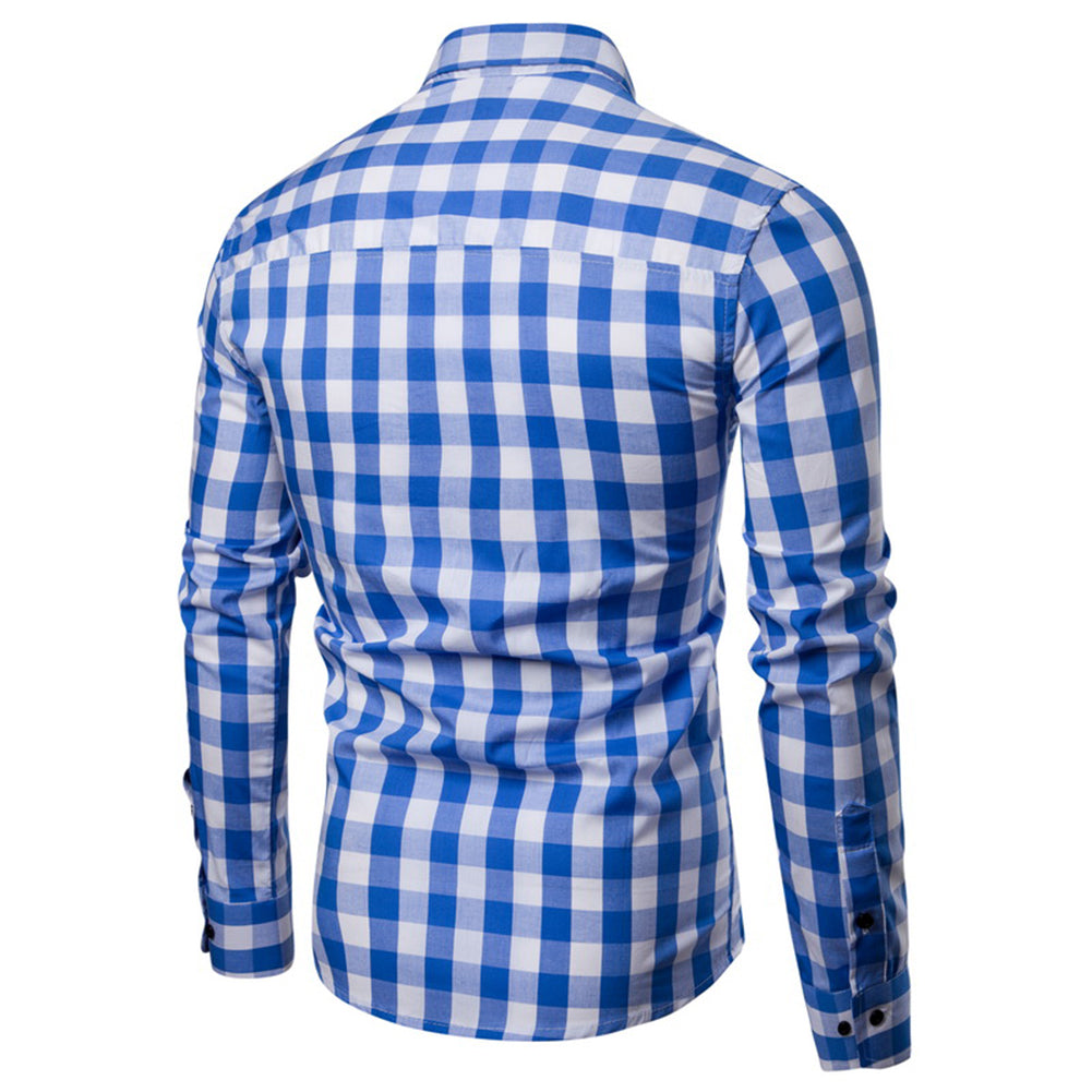 Men's Grid Plaid Print Turn Down Collar Long Sleeve Slim Fit Casual Autumn Shirt