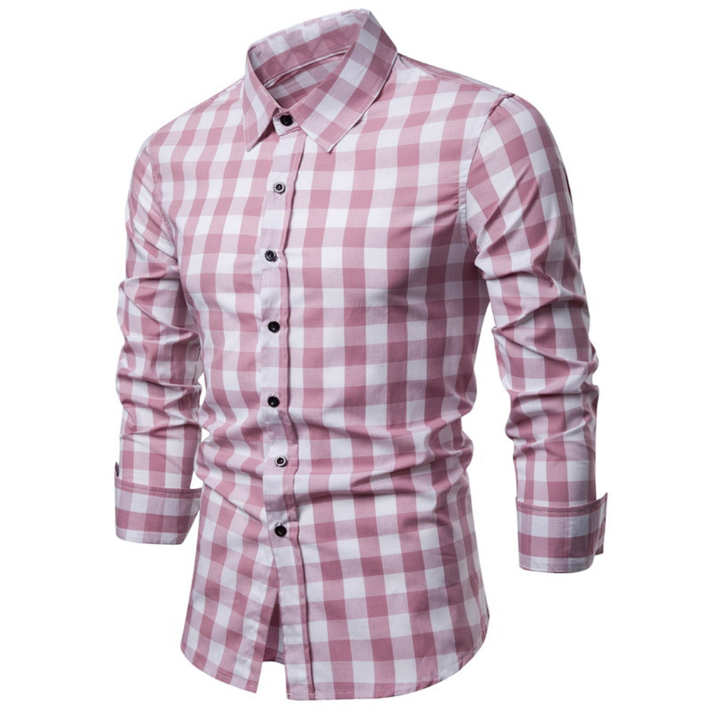 Men's Grid Plaid Print Turn Down Collar Long Sleeve Slim Fit Casual Autumn Shirt
