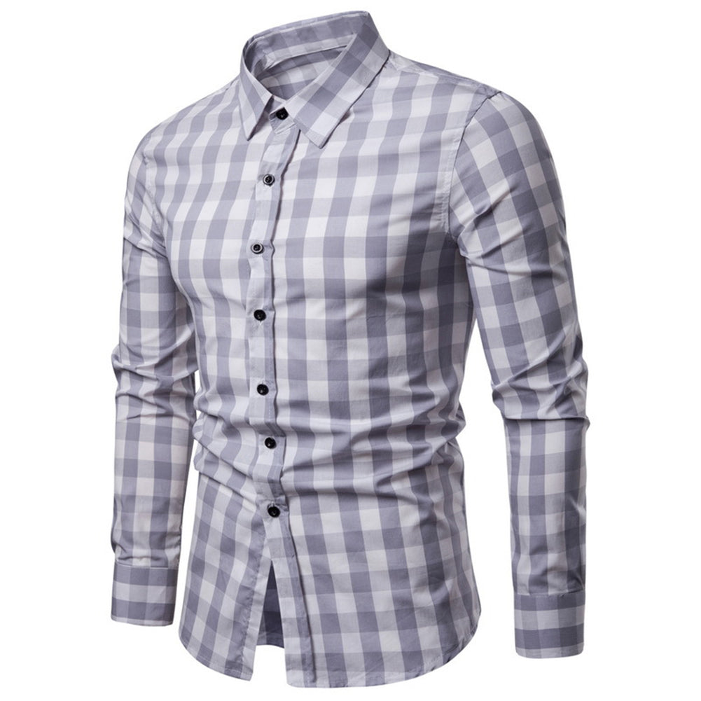 Men's Grid Plaid Print Turn Down Collar Long Sleeve Slim Fit Casual Autumn Shirt