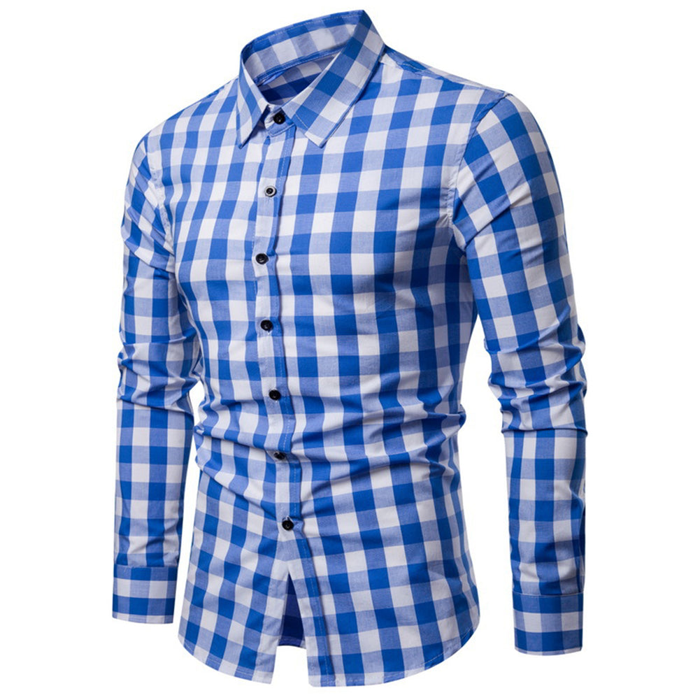 Men's Grid Plaid Print Turn Down Collar Long Sleeve Slim Fit Casual Autumn Shirt